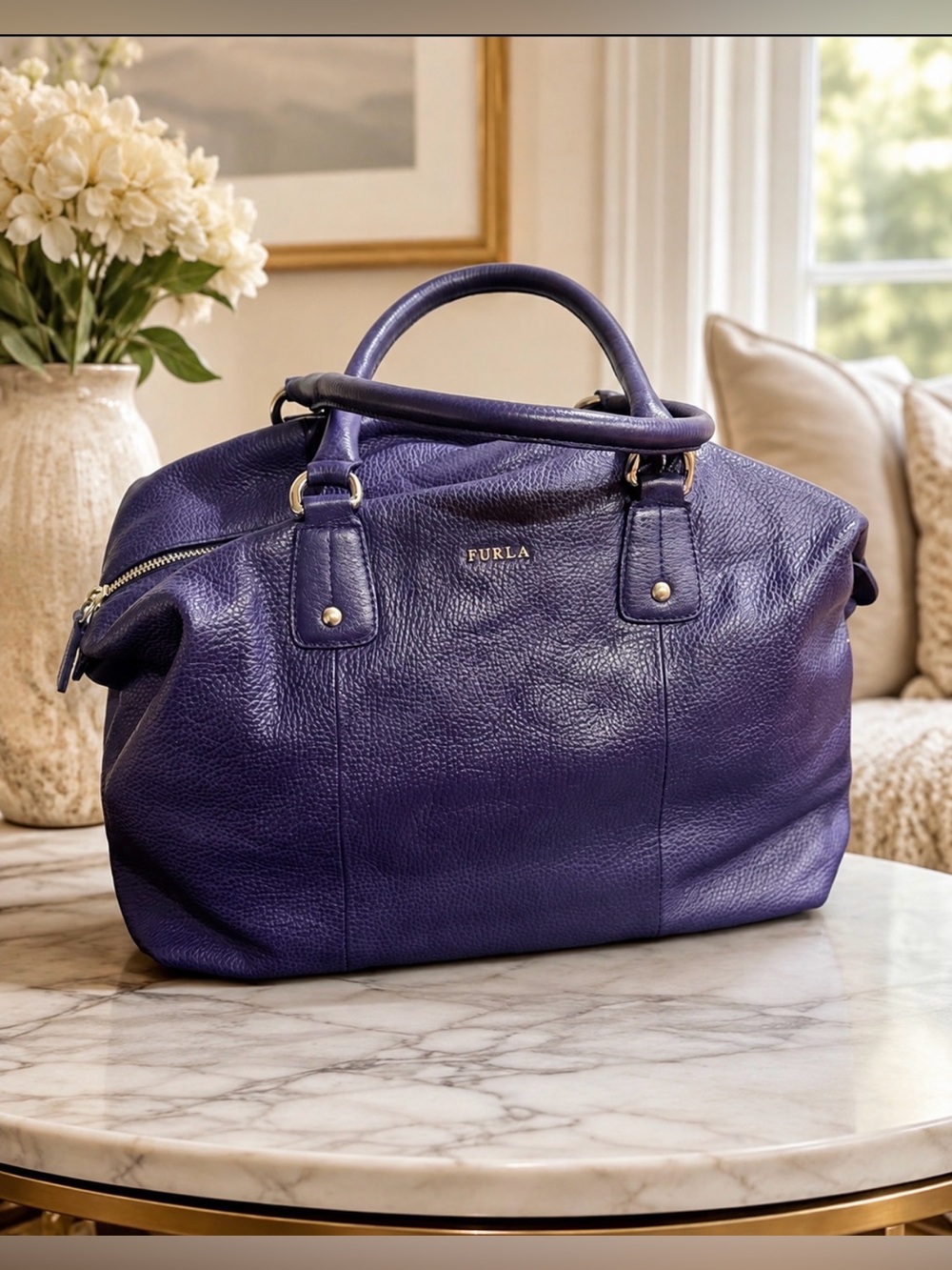 Furla Deep Purple Pebbled Leather Tote